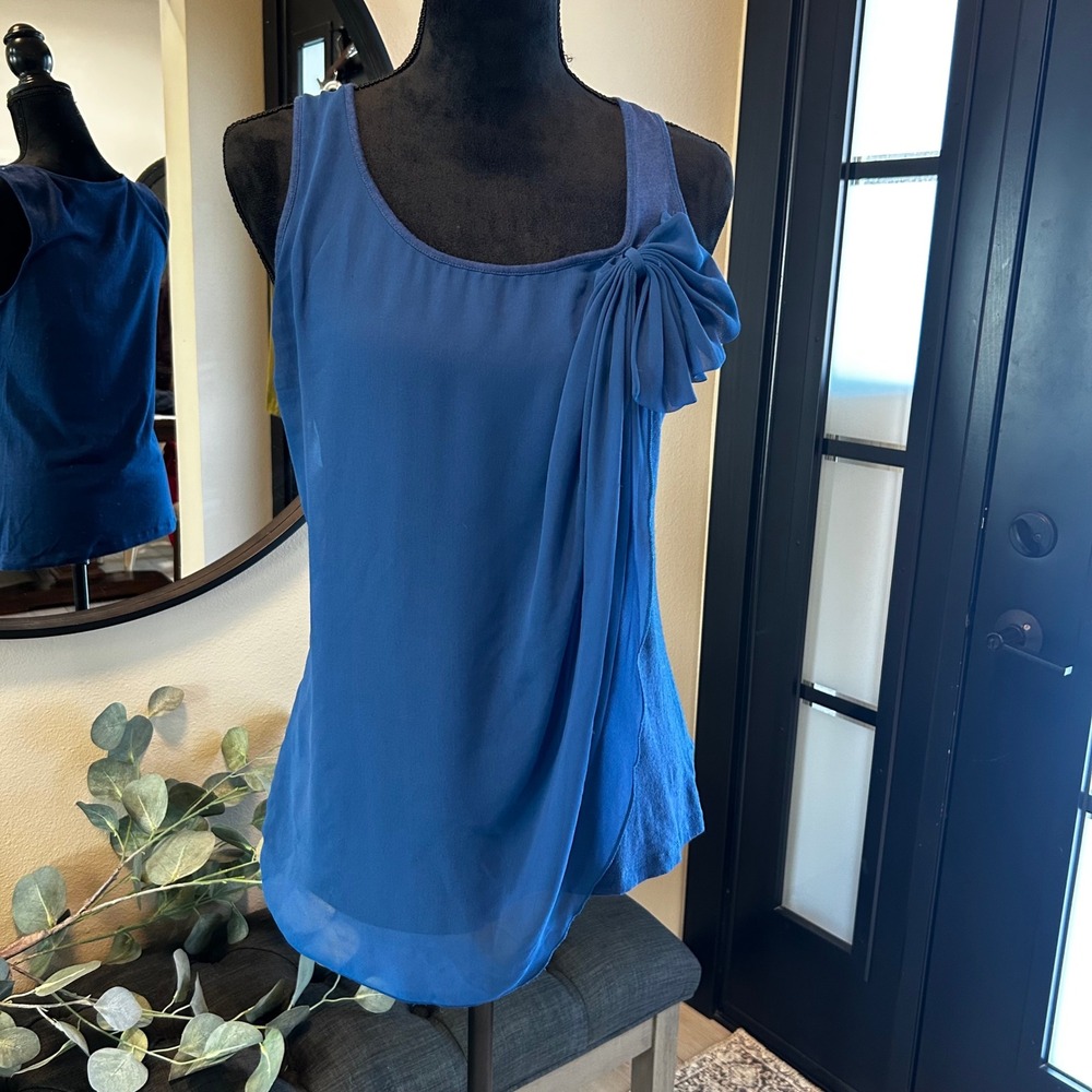 Elle Womens Blue Chiffon Bow Draped Mixed Media Tank Top Size M